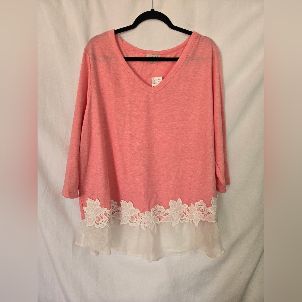 Status Pink V Neck Knit Jersey White Details. Plus Size 2X
